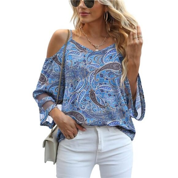 Boho Paisley Printed Mesh Panel 3/4 Bell Sleeve Off Shoulder Flowy‎ Top Blouse - Picture 3 of 5